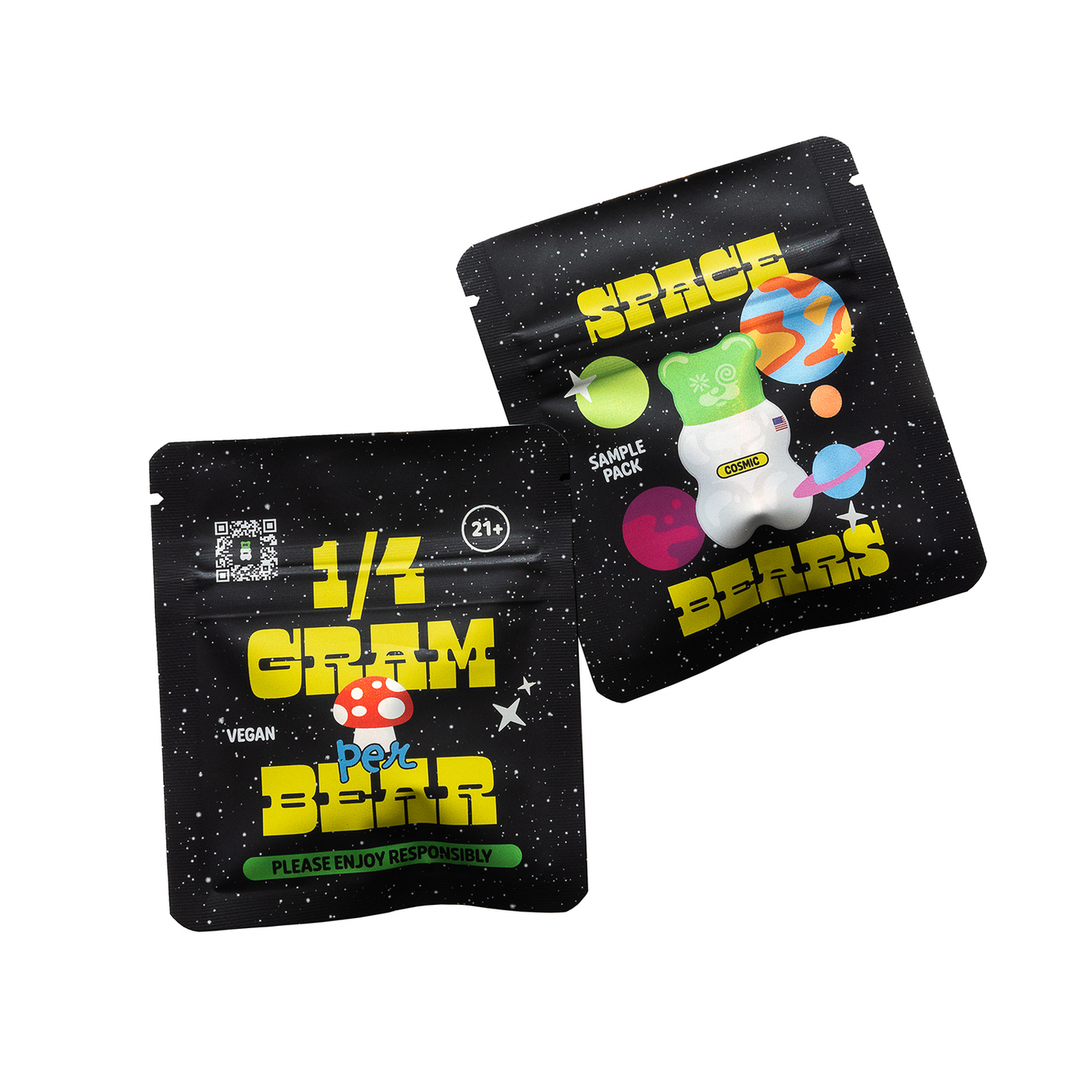 Two black packages with colorful graphics and text on a white background