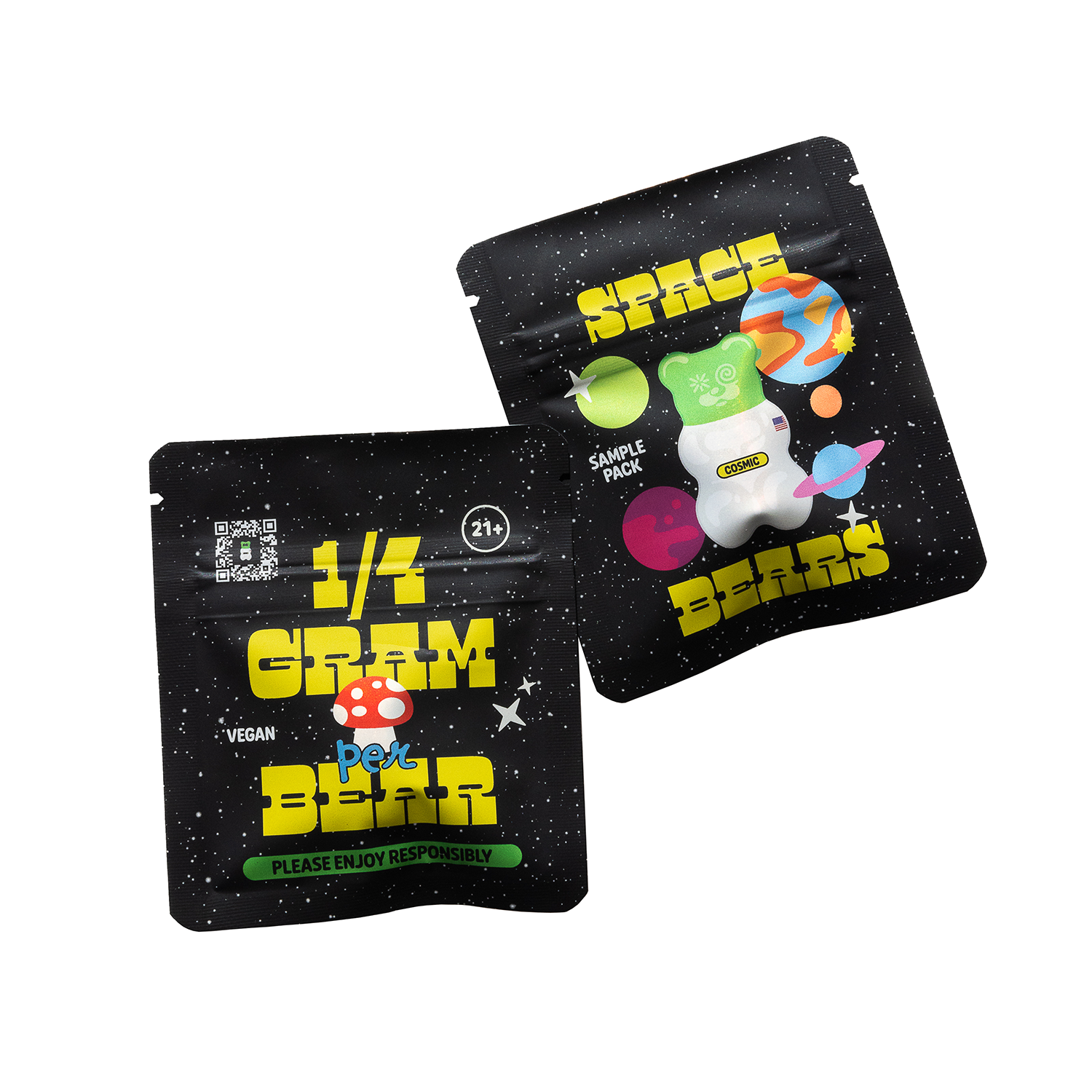 Two black packages with colorful graphics and text on a white background