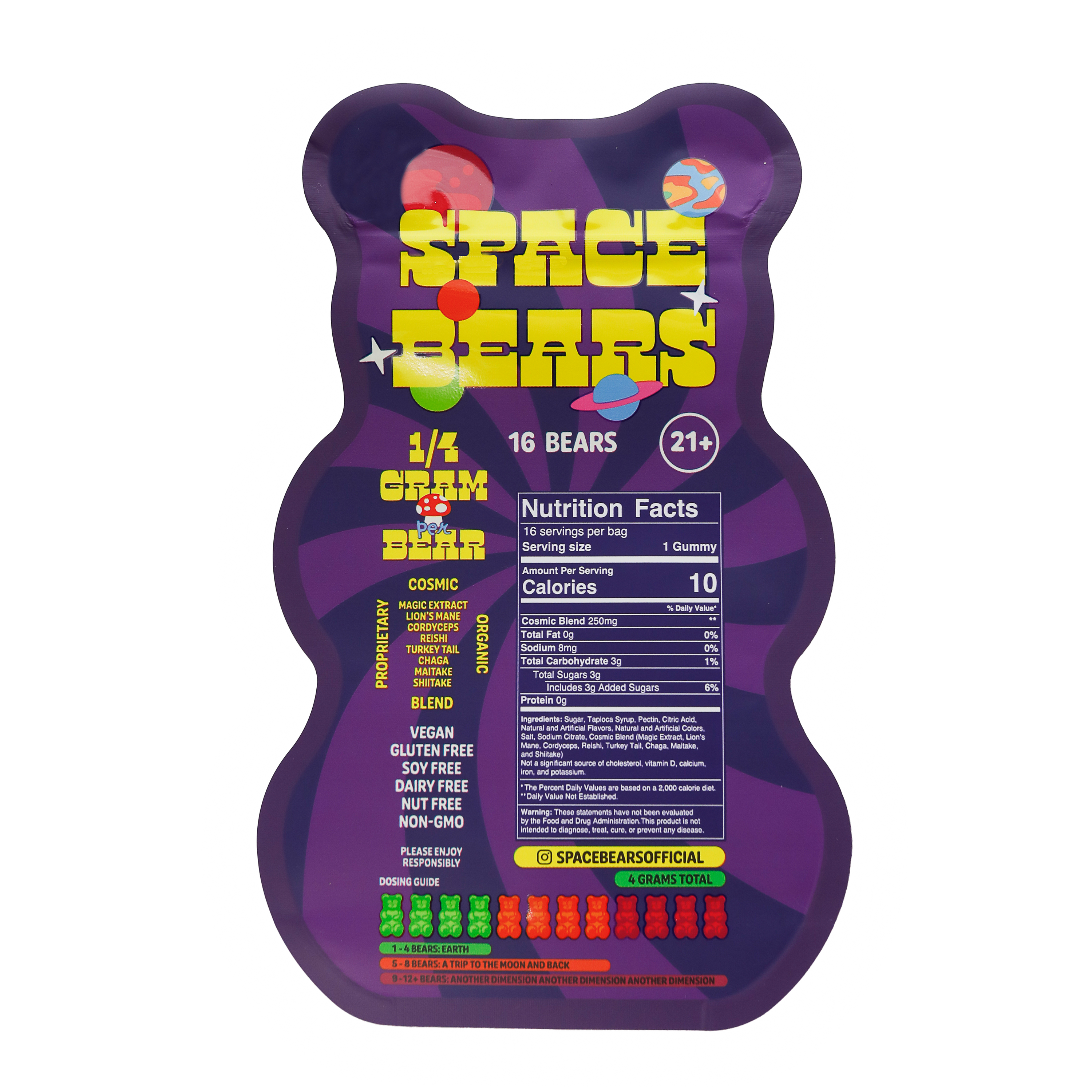 Space Bears purple packaging with yellow logo and space galaxies